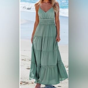 Cupshe Sage Sleeveless Smocked Waist Ruffled Hem Maxi Dress Small